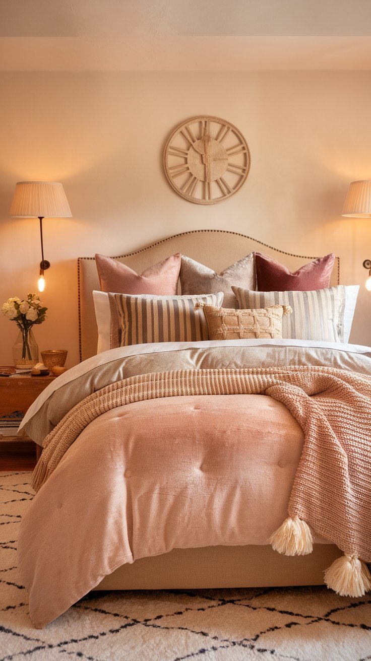 Close-up of soft bedding with velvet, faux fur, and knit textures for a cozy sleep space.