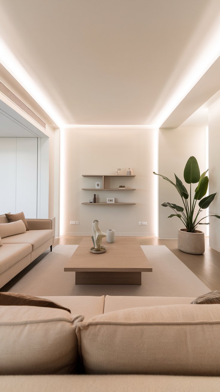 31 Sleek Minimalist Living Room Ideas for Modern Simplicity: Embrace Elegance and Functionality Soft, warm lighting enhancing the cozy ambiance of a minimalist room.