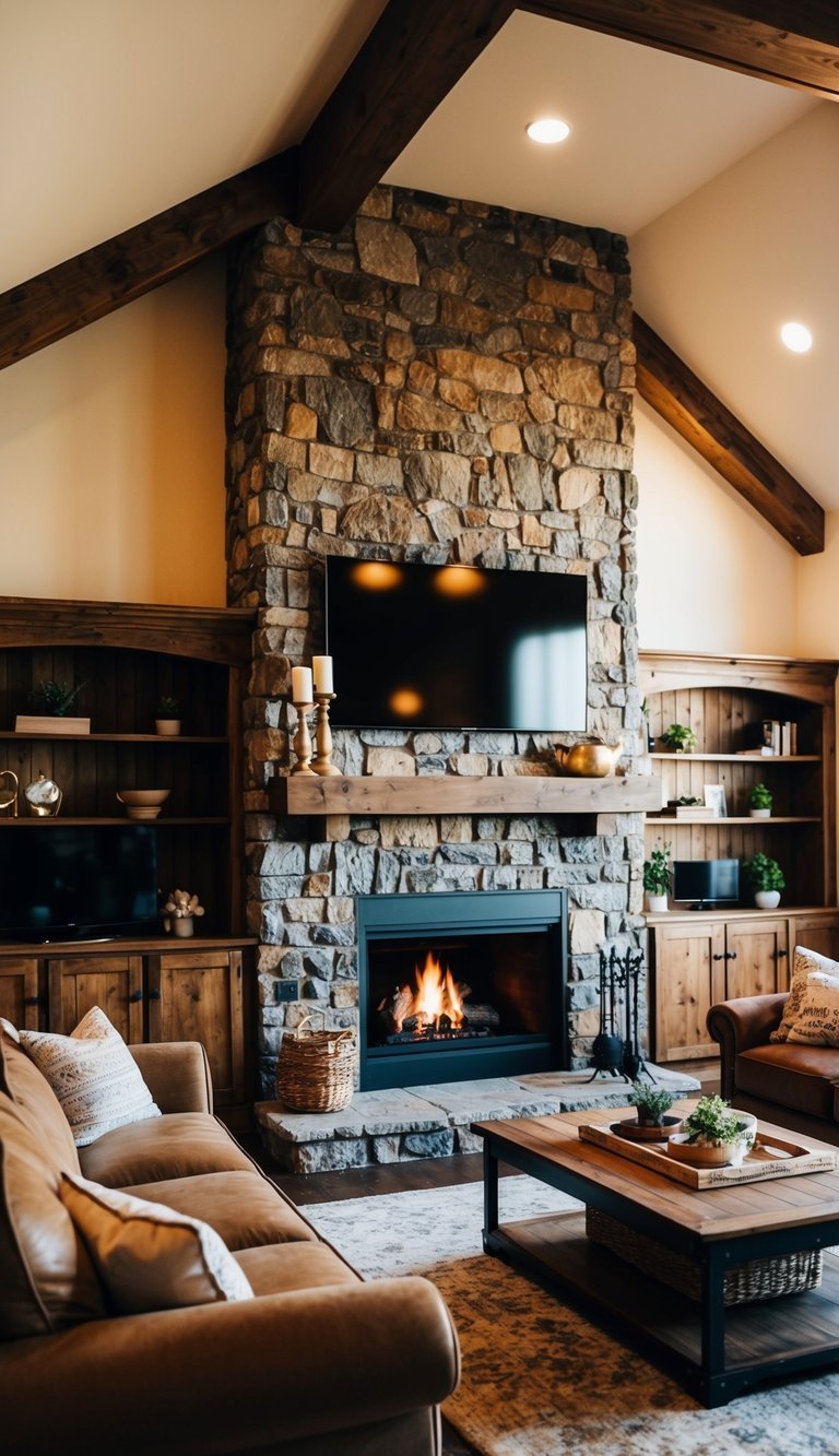A rustic stone fireplace with a wooden mantel, surrounded by comfortable seating.