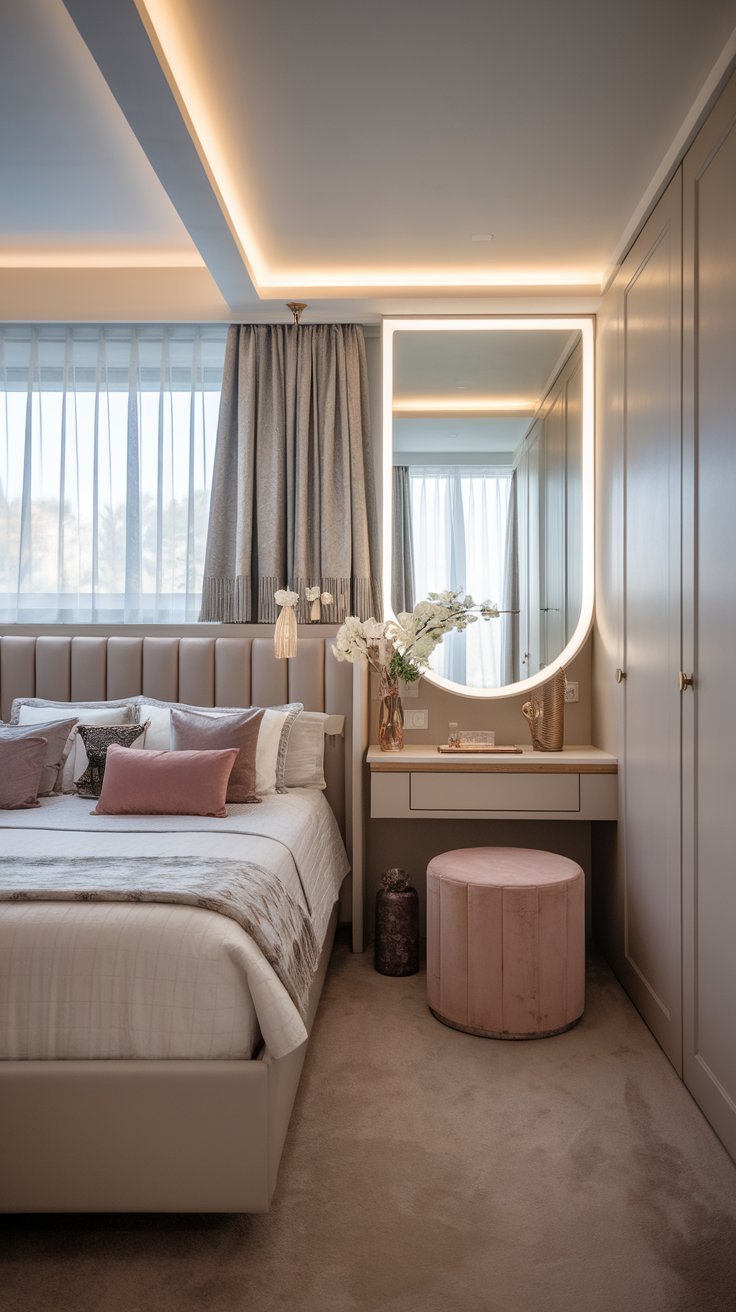 Stylish small bedroom design for women featuring neutral tones, smart storage, and elegant decor.