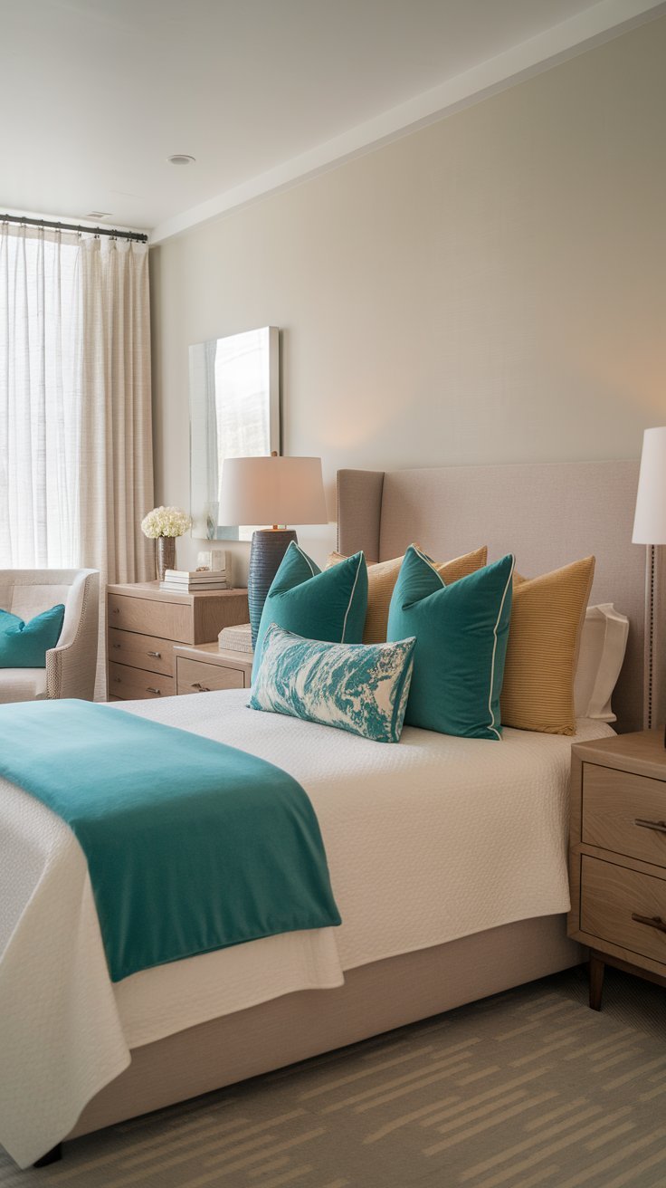 12 Blue Bedroom Aesthetic Inspirations for a Serene Atmosphere A bed adorned with teal throw pillows on light blue bedding, adding a pop of colour and texture.