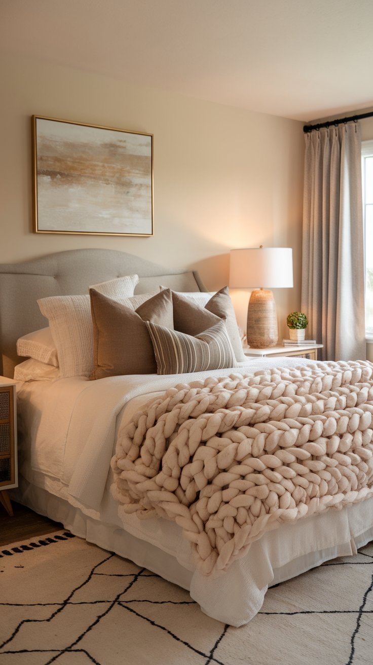 Bed with layered throw blankets, plush pillows, and textured fabrics for extra coziness.
