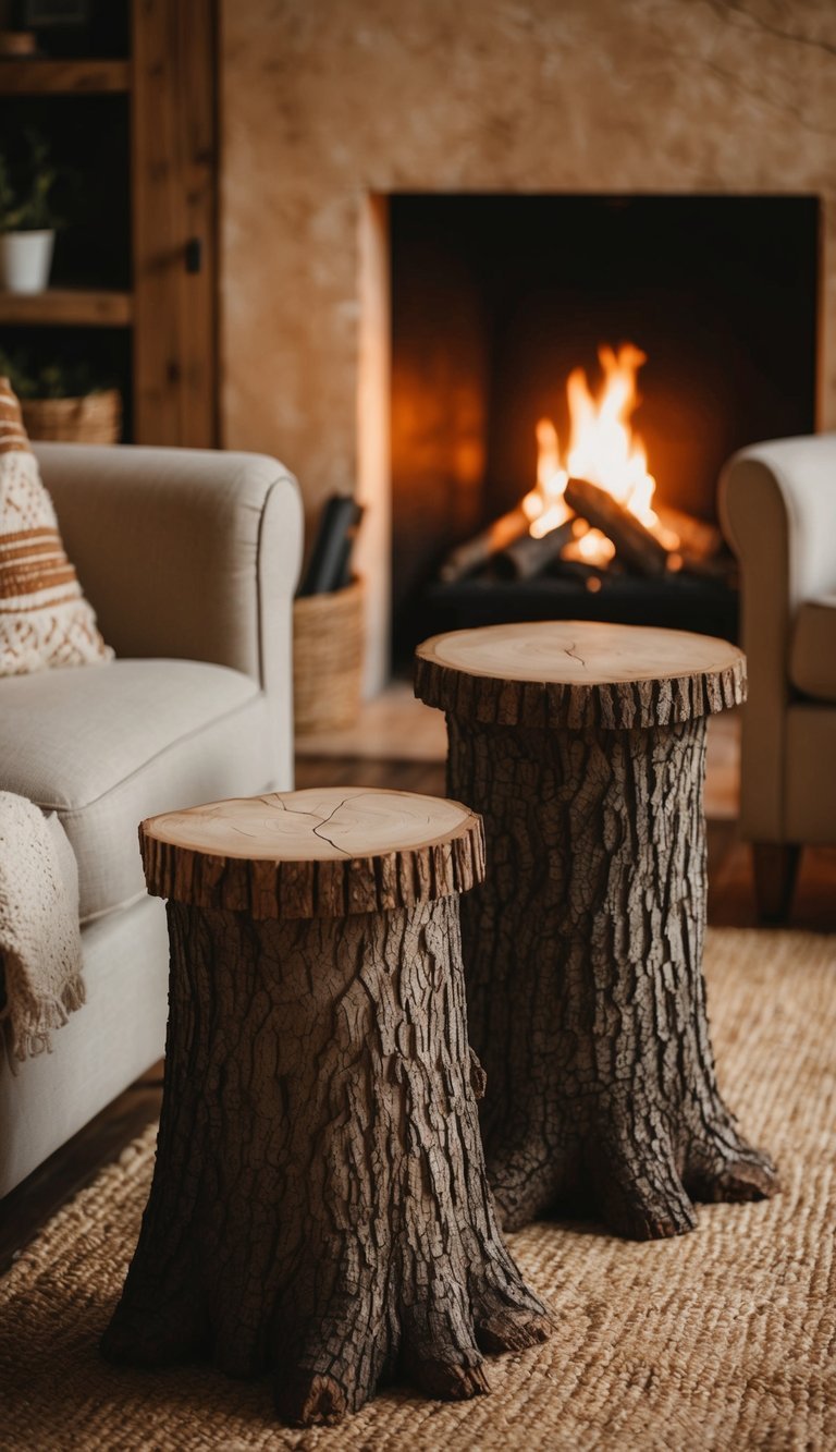 A natural tree stump side table with a polished surface, placed beside a rustic sofa.