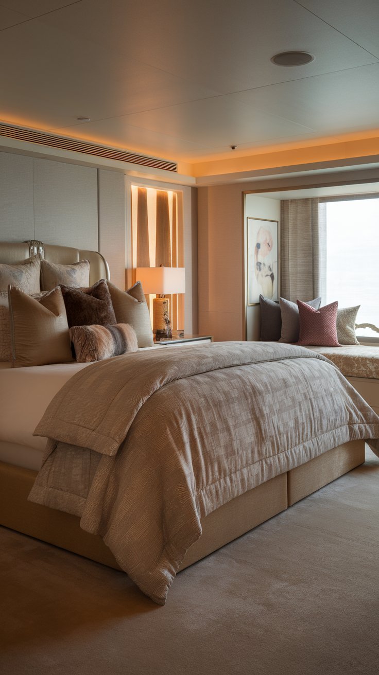 Bed with luxurious high-thread-count sheets, a plush duvet, and stylish accent pillows.