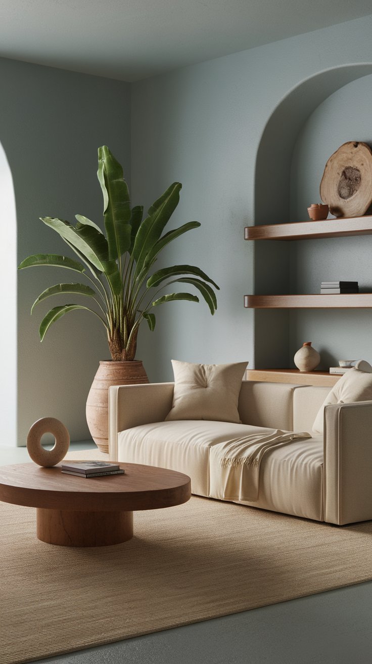 31 Sleek Minimalist Living Room Ideas for Modern Simplicity: Embrace Elegance and Functionality Earthy accents like wooden furniture and potted plants in a sleek living room.