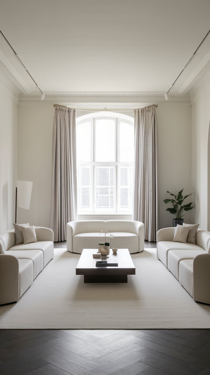 31 Sleek Minimalist Living Room Ideas for Modern Simplicity: Embrace Elegance and Functionality A minimalist living room with a soft neutral color palette of beige and white tones.