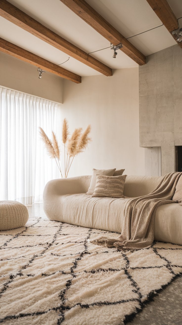 31 Sleek Minimalist Living Room Ideas for Modern Simplicity: Embrace Elegance and Functionality Plush textured cushions and a soft rug in a minimalist living space.