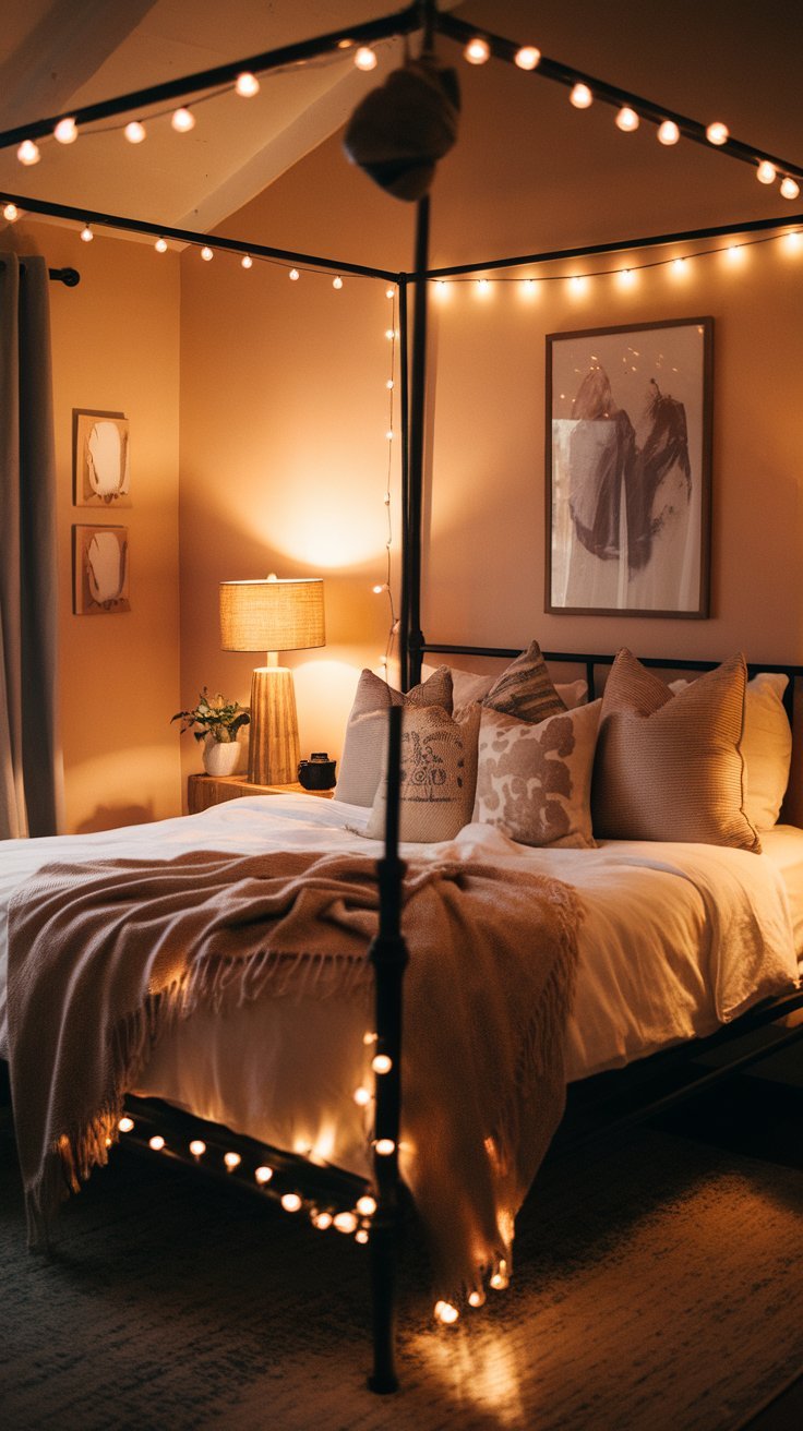 Bedroom with fairy lights, bedside lamps, and candles creating a soft, cozy glow.