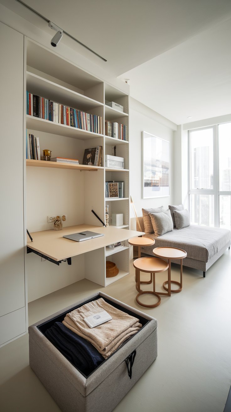 Space-saving bookshelf with a fold-down table, ideal for compact urban living rooms.