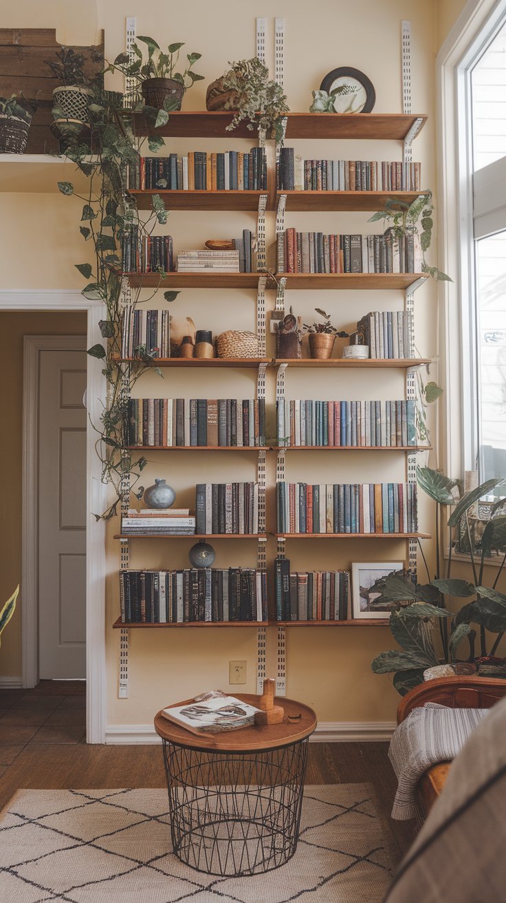 Floor-to-ceiling shelving unit with books and décor, maximising vertical storage in a small space.