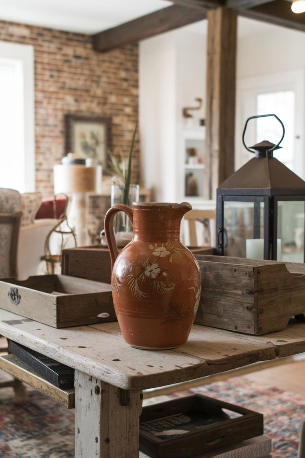 Vintage ceramic pitcher vase filled with fresh flowers, sitting on a farmhouse table.