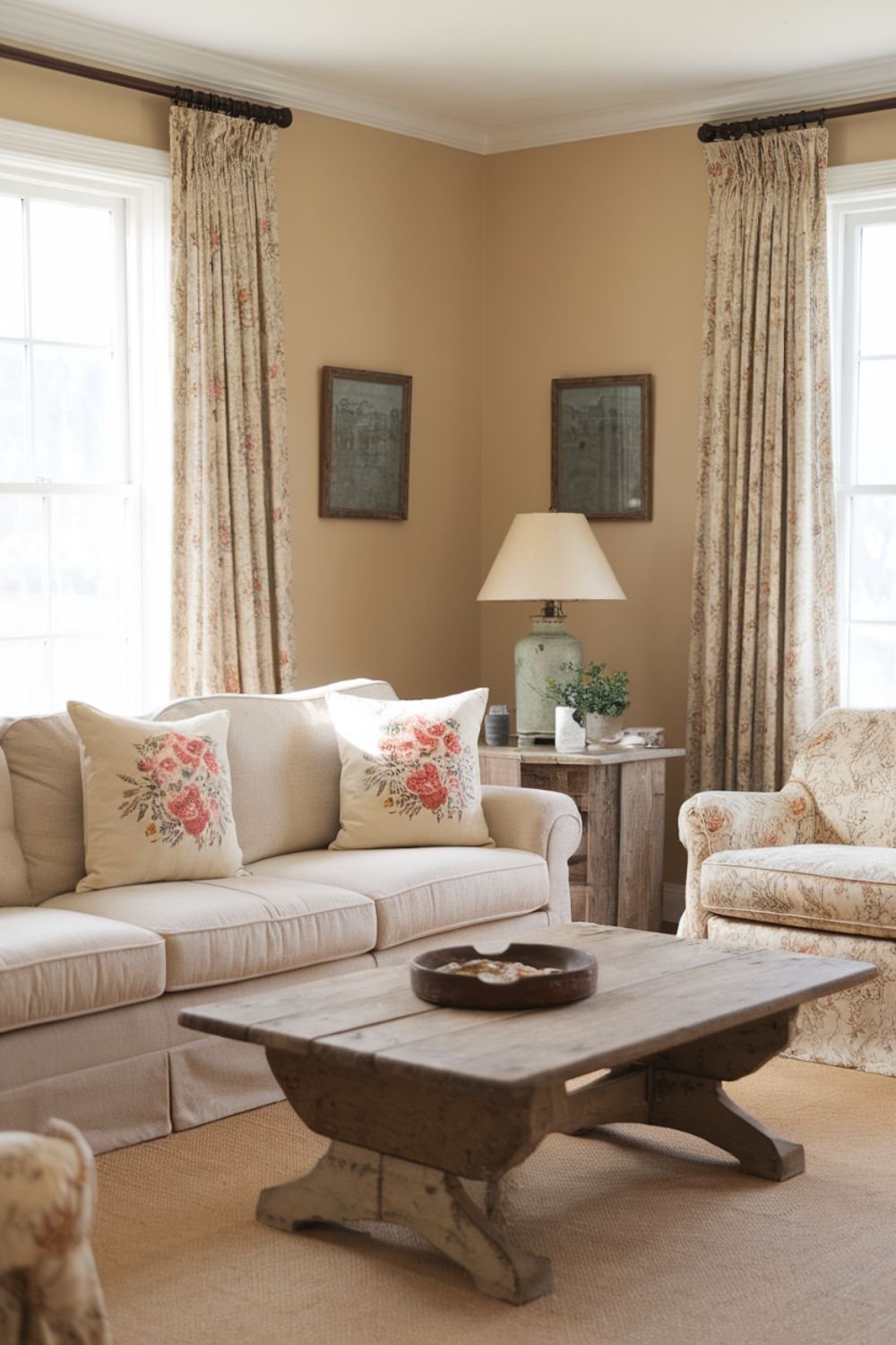 Cozy sofa with vintage floral print pillow covers in soft, muted tones.