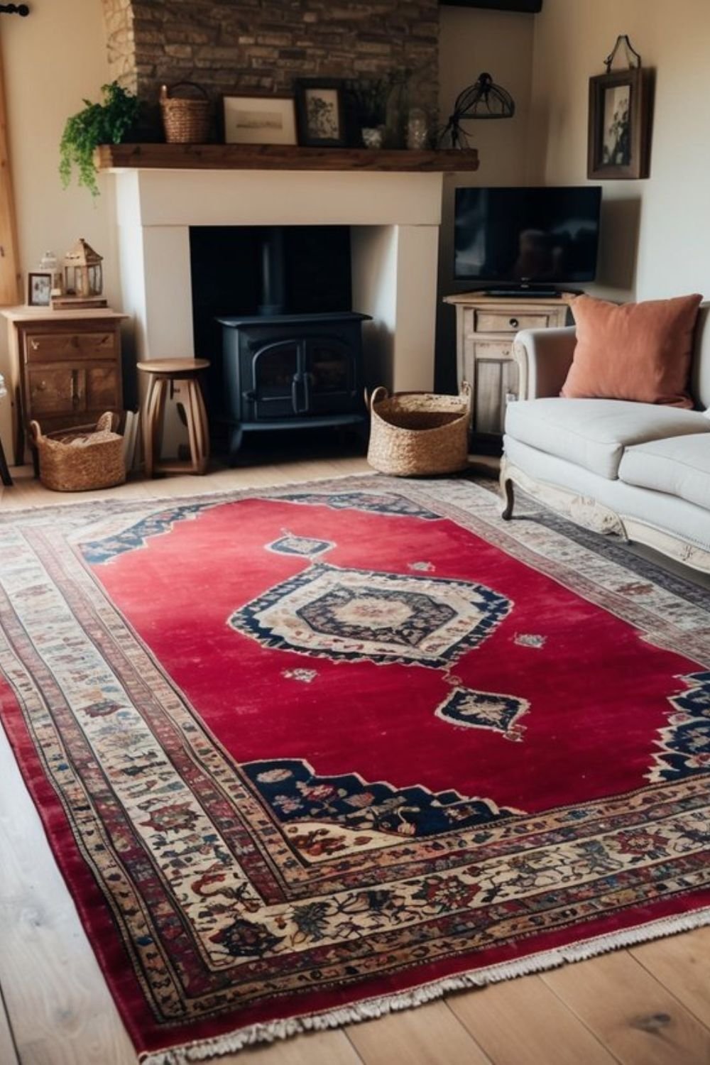 Richly patterned vintage Persian rug adding warmth and texture to a farmhouse-style living room.