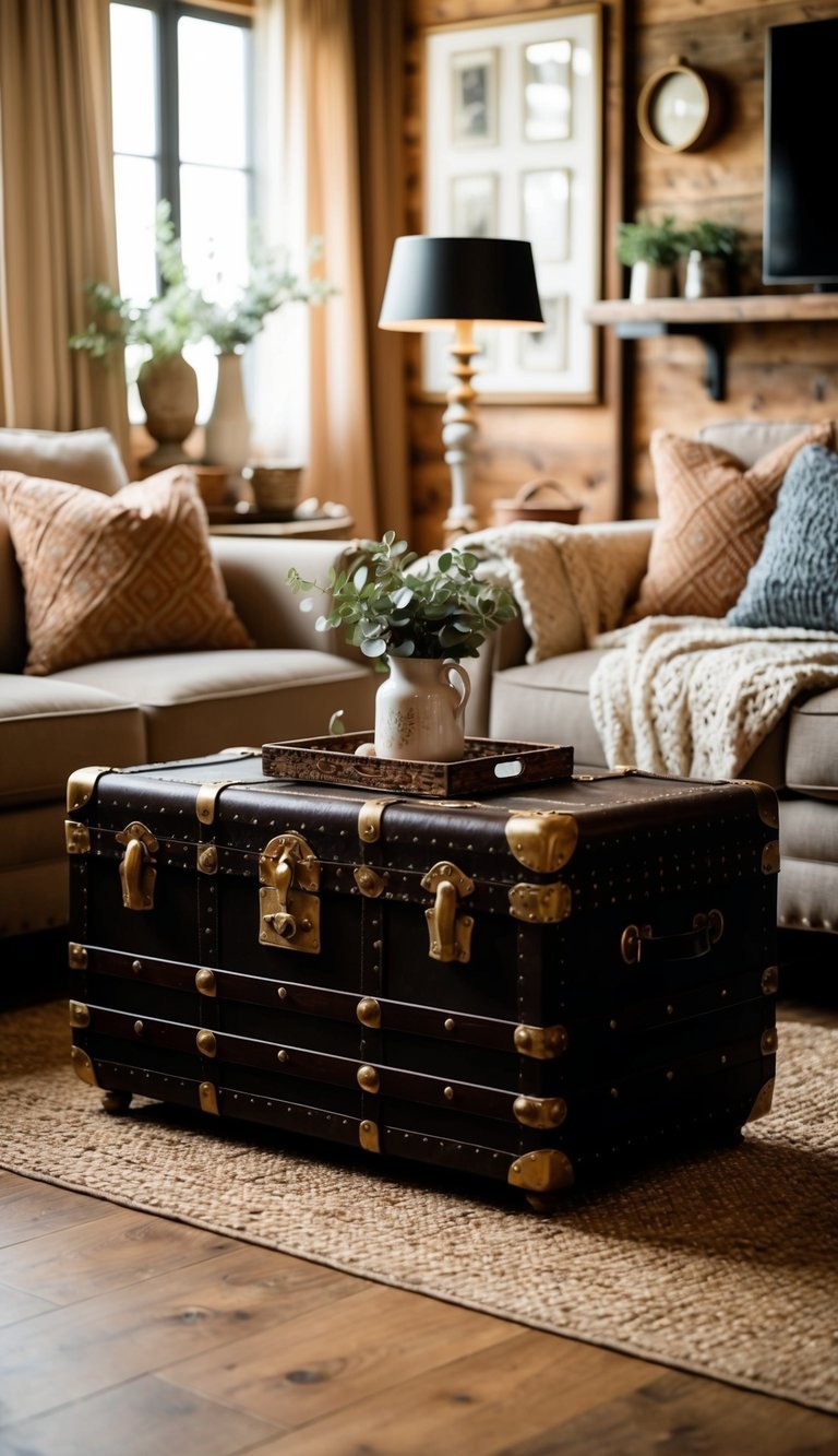 A distressed vintage trunk repurposed as a coffee table with decorative accents on top.