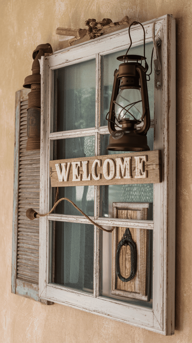 Vintage window frame wall decor repurposed as an artistic focal point in a farmhouse living room.