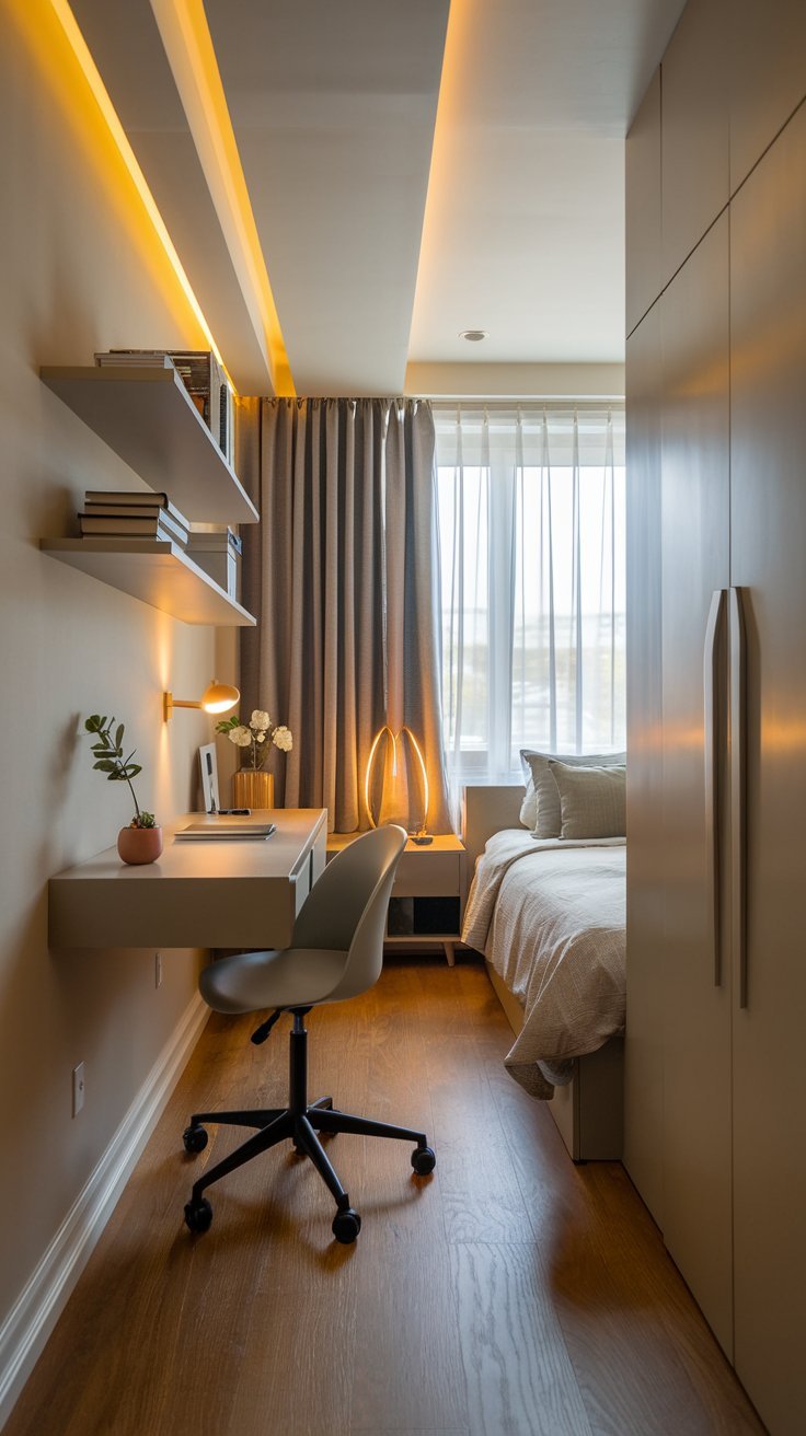 10 Stylish Bedroom Designs for Women with Limited Space Compact bedroom with a modern wall-mounted desk, saving floor space.