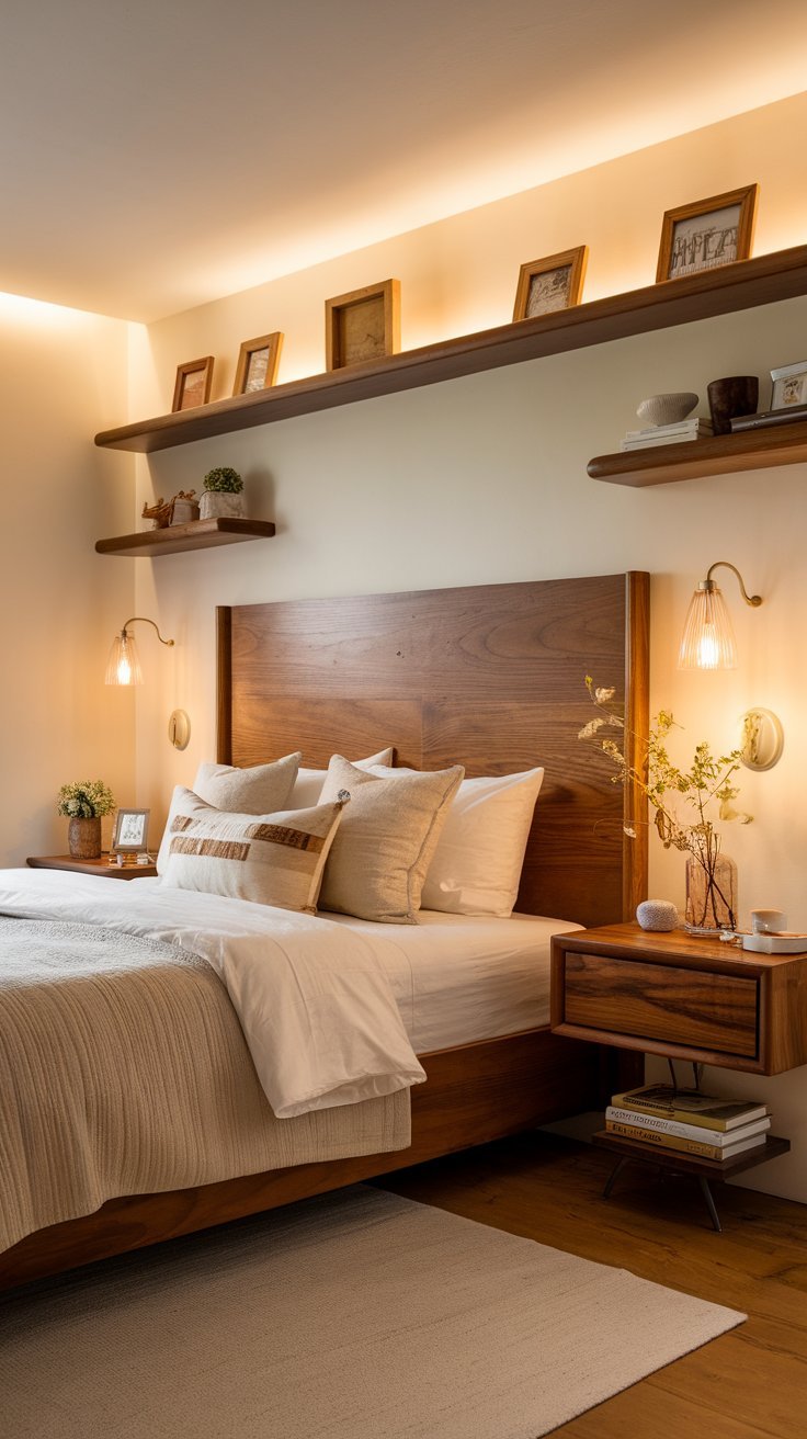 Bedroom with wooden bed frame, nightstand, and floating shelves adding warmth and natural charm.