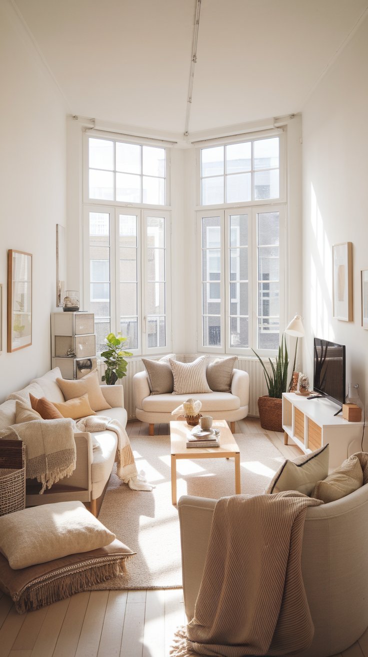15 Small Living Room Ideas to Maximize Your Space Small living room with white walls and light beige furniture creating an open, spacious feel through a carefully curated neutral color palette.