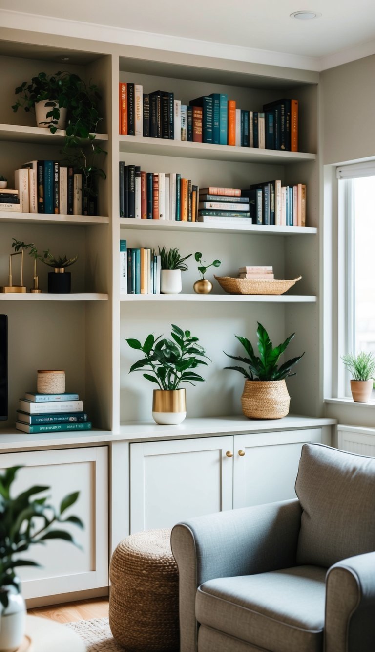15 Small Living Room Ideas to Maximize Your Space Compact living room with custom floor-to-ceiling built-in shelves that maximize storage and display space while maintaining an organized appearance.