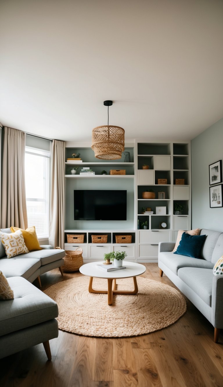 15 Small Living Room Ideas to Maximize Your Space Small living room centered around a circular glass coffee table that allows for easy movement in the limited seating area.