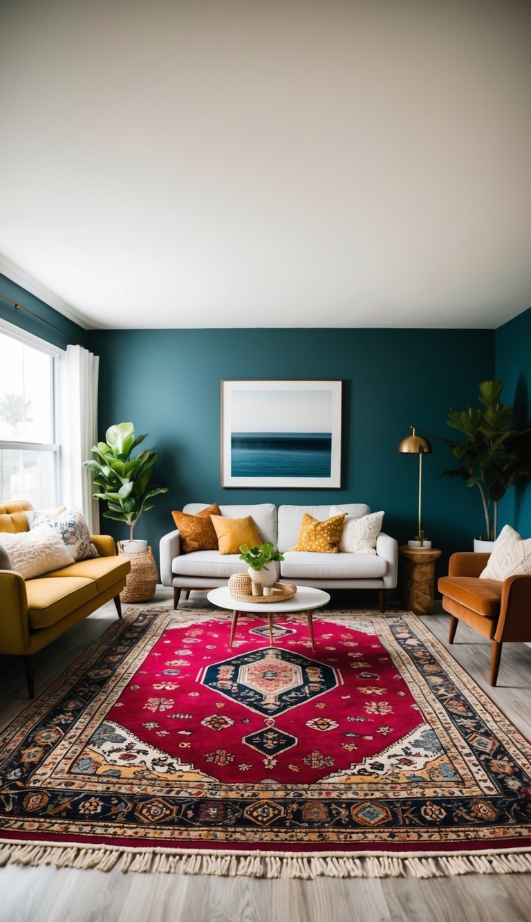 15 Small Living Room Ideas to Maximize Your Space Space-efficient living room defined by a vibrant patterned area rug that anchors the furniture arrangement and adds visual interest.
