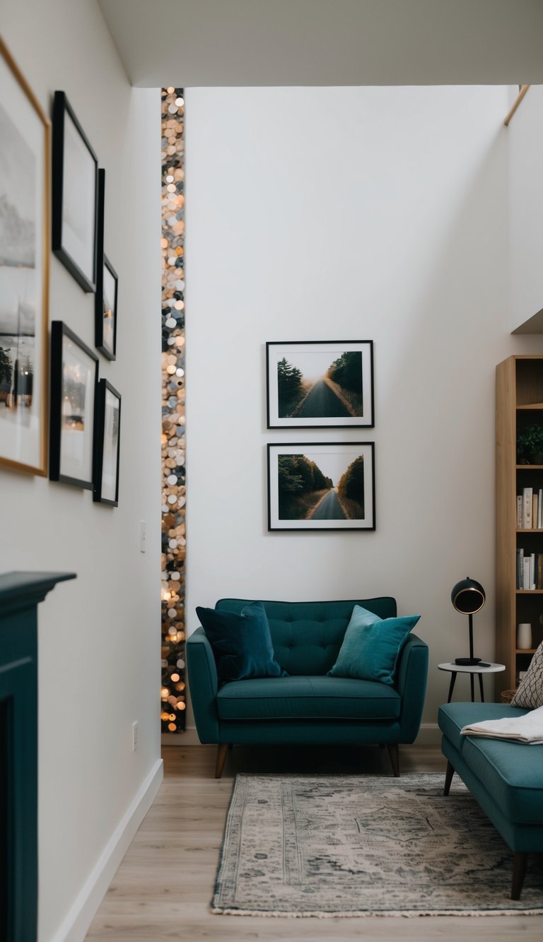 15 Small Living Room Ideas to Maximize Your Space Compact living room with artwork hung slightly above eye level, drawing the gaze upward to create a sense of greater height and space.