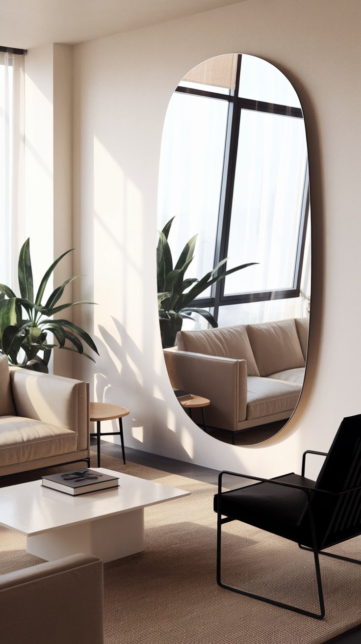 15 Small Living Room Ideas to Maximize Your Space Small living room featuring a large mirror opposite a window, reflecting natural light and creating visual depth in the compact space.