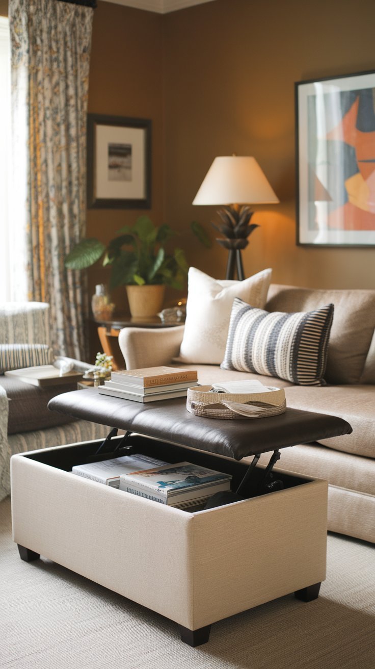 15 Small Living Room Ideas to Maximize Your Space Compact living room with a stylish storage ottoman serving as coffee table, extra seating, and hidden storage solution.