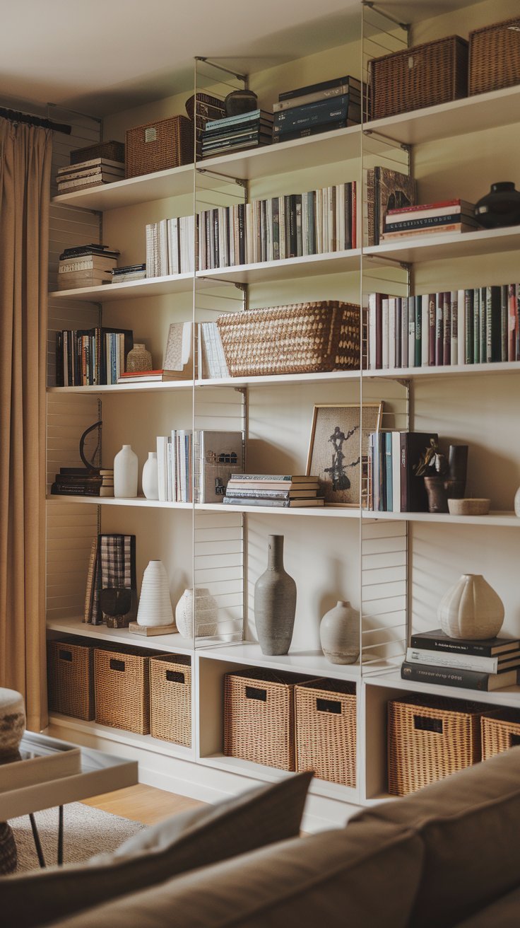 15 Small Living Room Ideas to Maximize Your Space Small living room with floor-to-ceiling shelving that maximizes vertical wall space while providing ample storage and display areas.