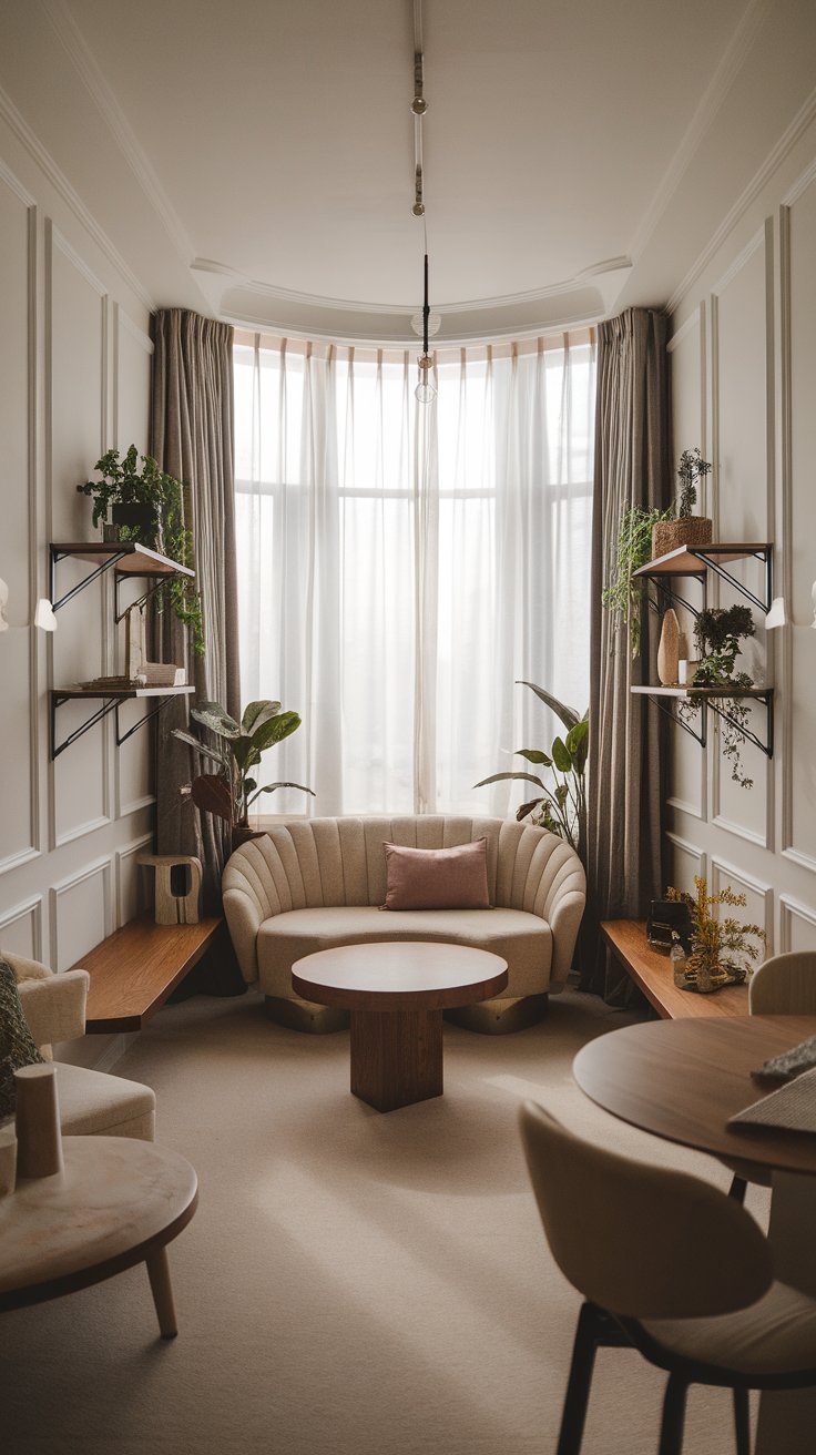 Bright, airy small living room with neutral colors, space-saving furniture, and strategic design elements that maximize the limited square footage while maintaining style and comfort.